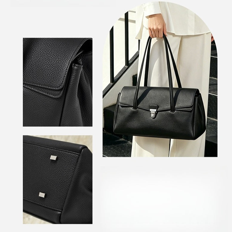Women's Pebbled Cowhide Flap Tote with Twist-Lock Closure