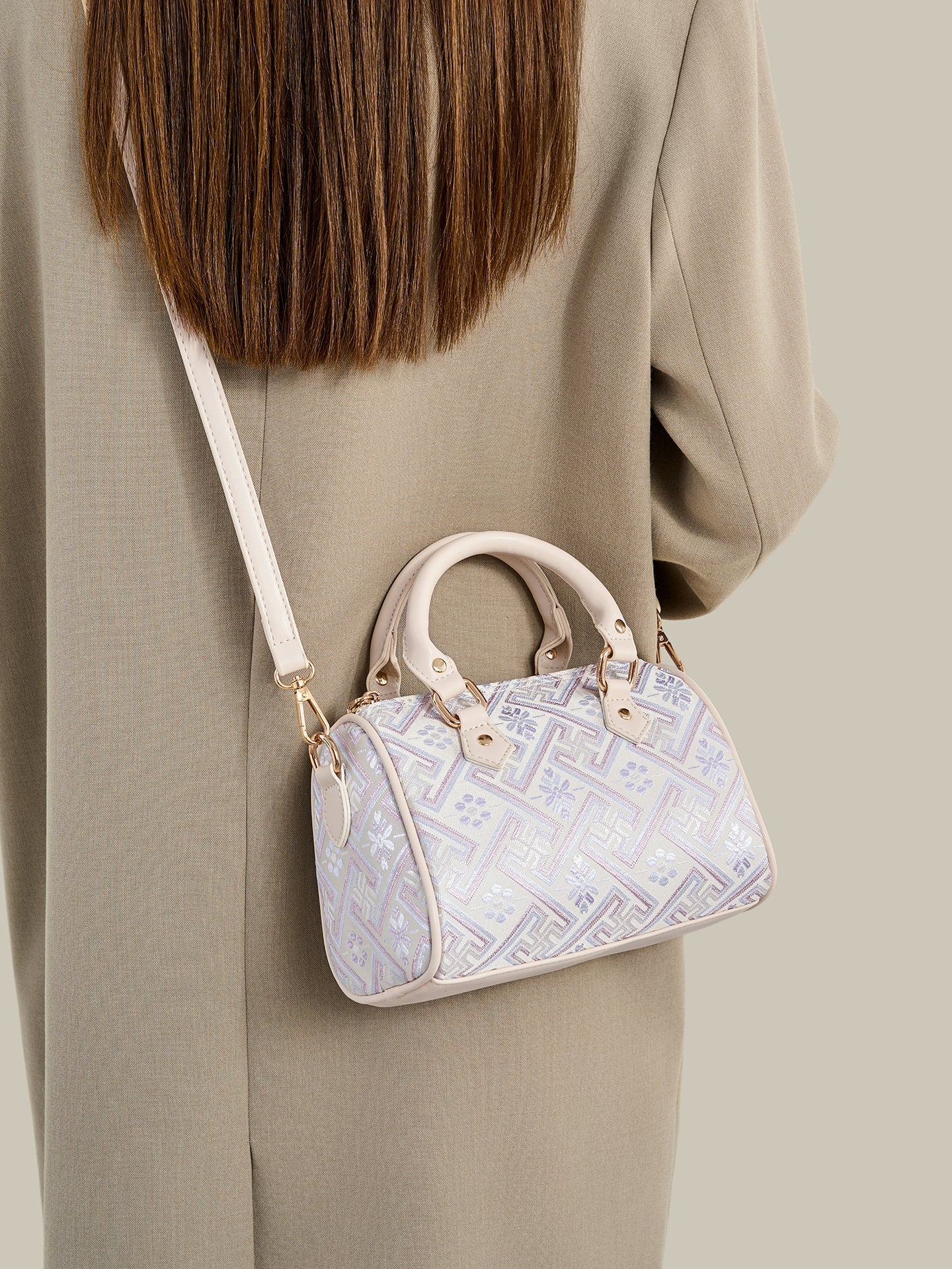 Women's Oriental Brocade Mini Boston Bag with Convertible Strap
