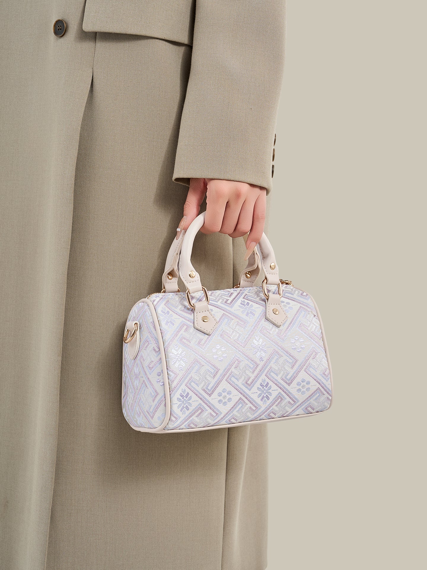 Women's Oriental Brocade Mini Boston Bag with Convertible Strap