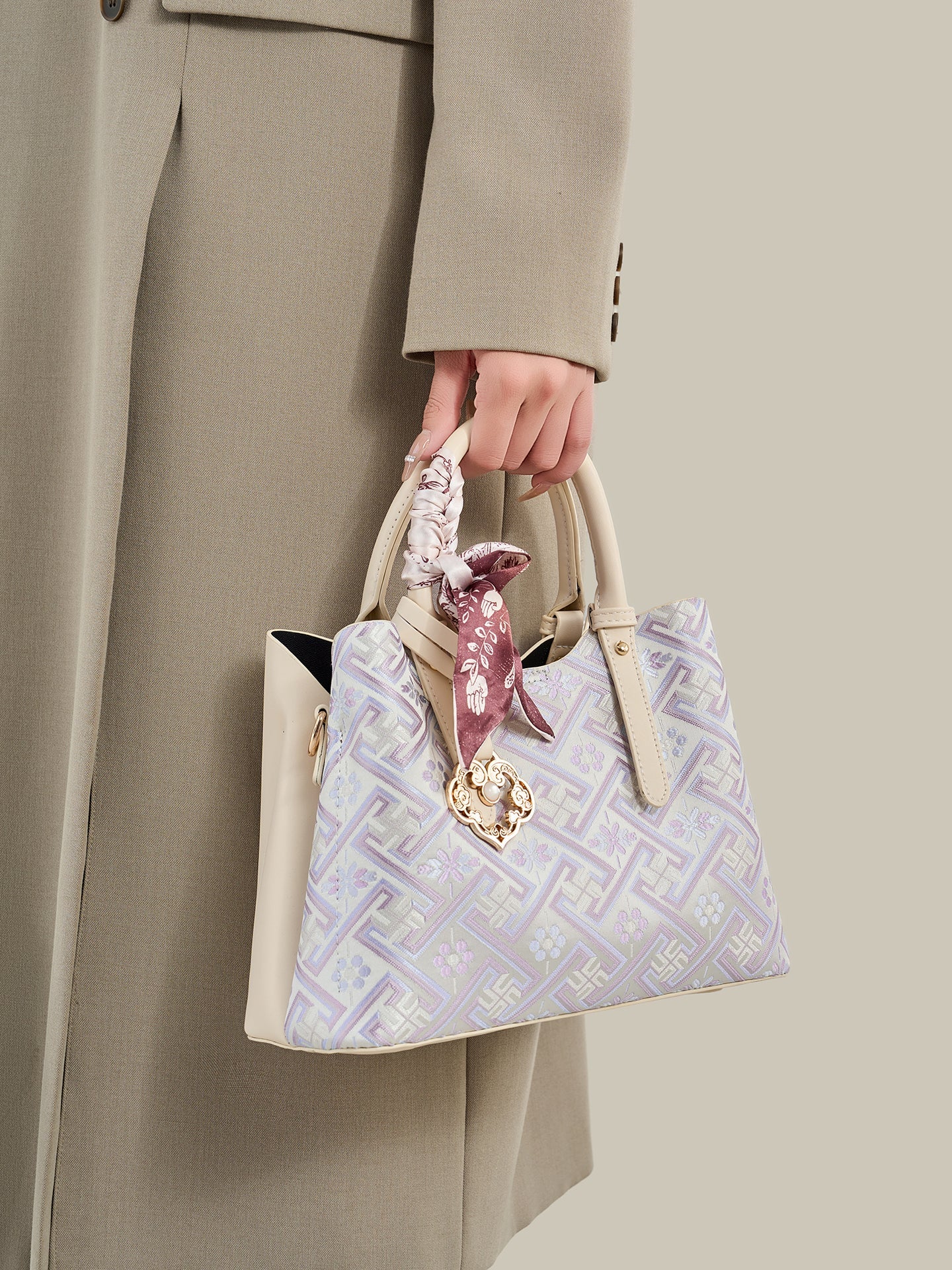 Women's Lavender Brocade Pattern Mini Tote with Scarf Bow
