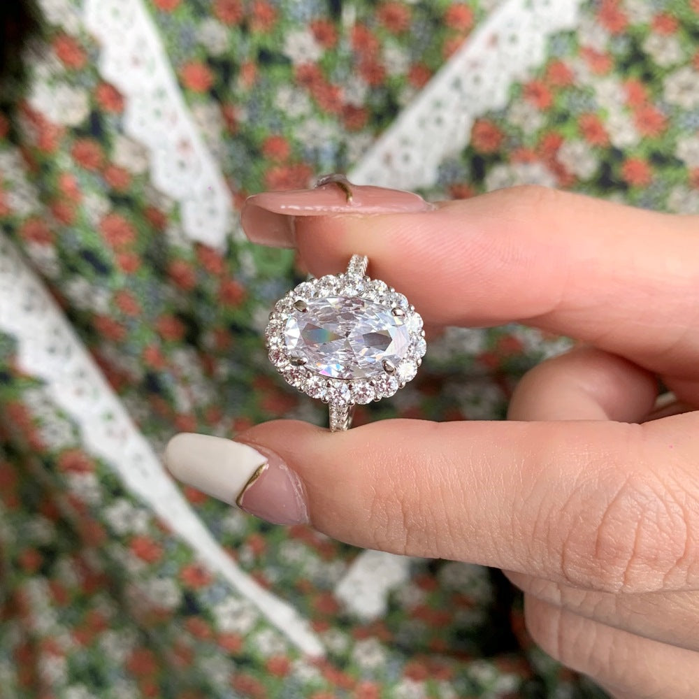S925 Sterling Silver Oval CZ Halo Ring Elegant Princess Design