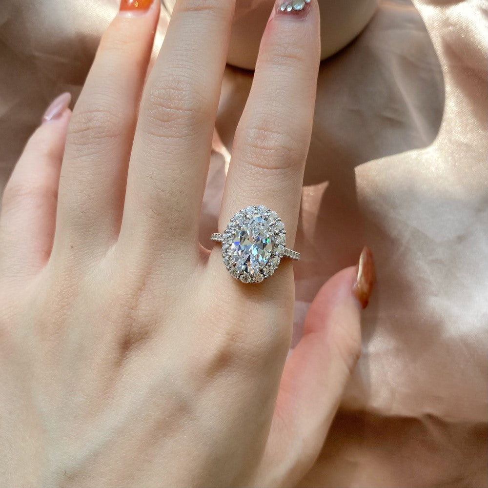 S925 Sterling Silver Oval CZ Halo Ring Elegant Princess Design