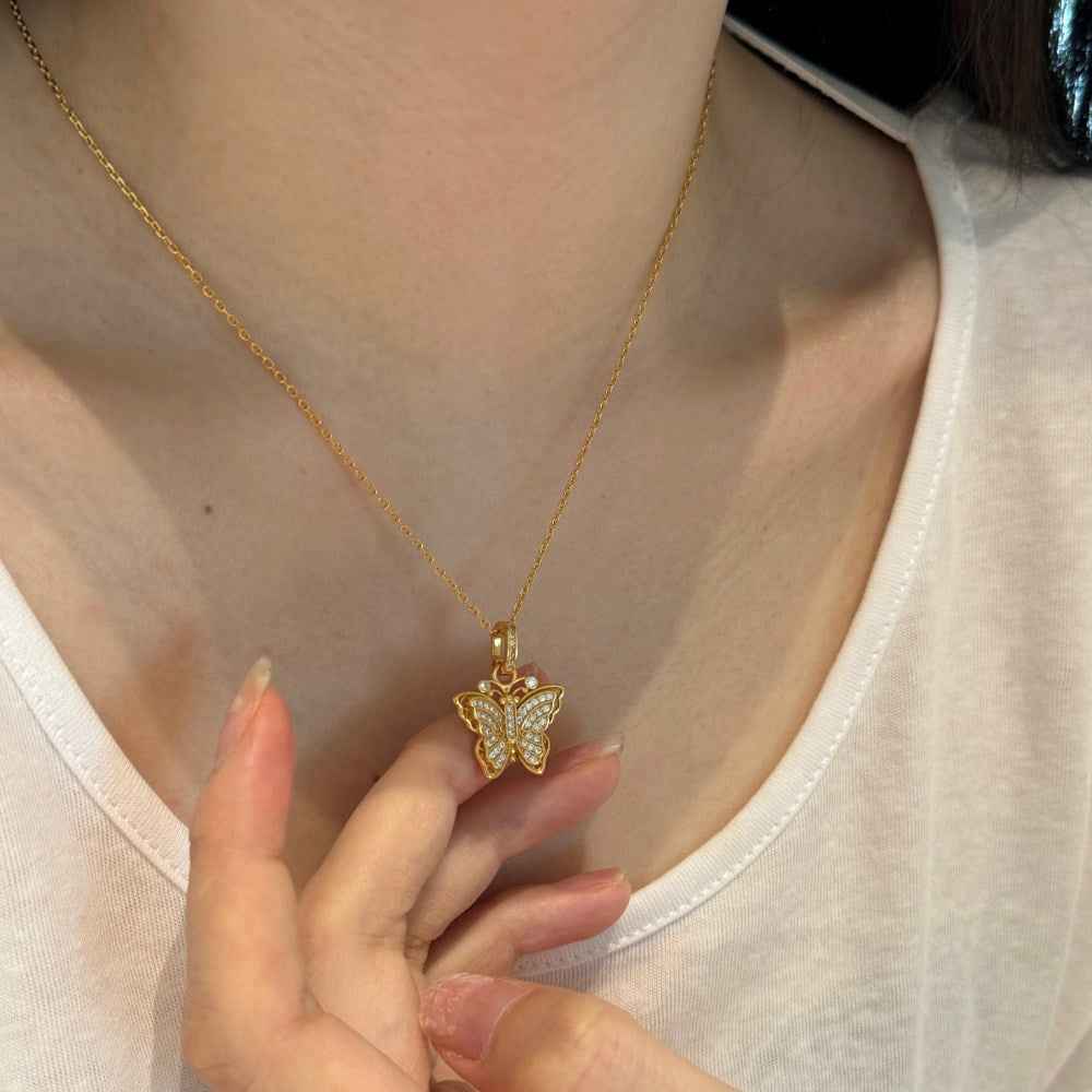 S925 Sterling Silver Vintage Butterfly CZ Necklace Gold Finish Adjustable