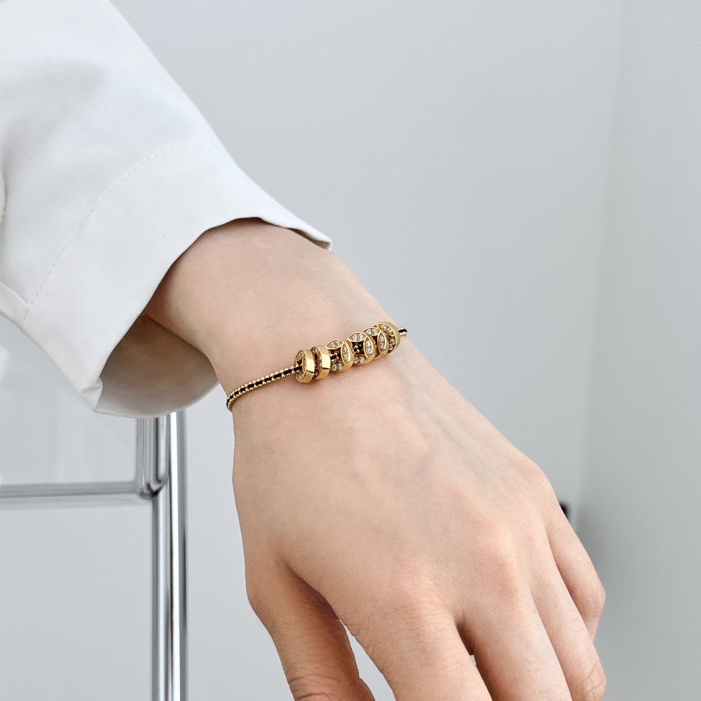 S925 Sterling Silver Coin Charm Bracelet Black-Gold Braided Cord