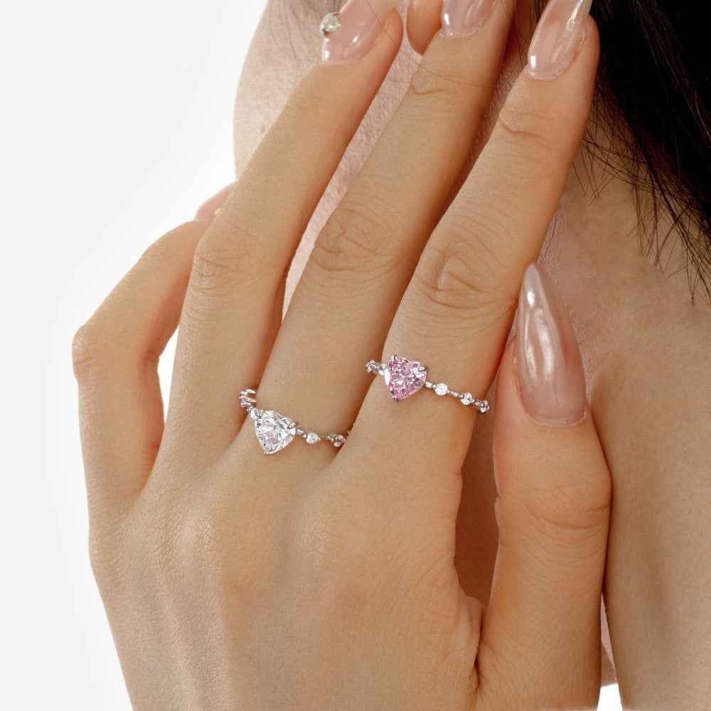 S925 Sterling Silver Heart CZ Ring White Pink Stone Adjustable