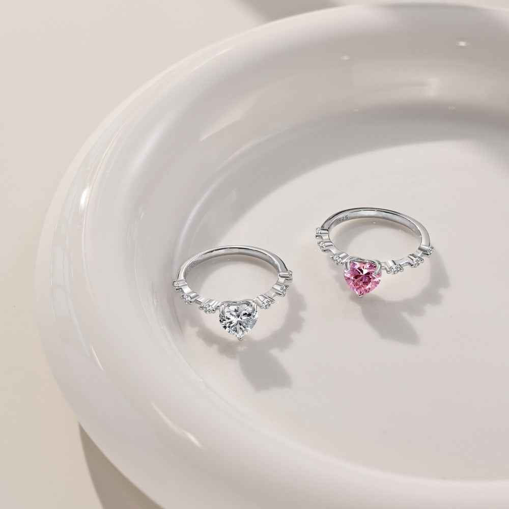 S925 Sterling Silver Heart CZ Ring White Pink Stone Adjustable