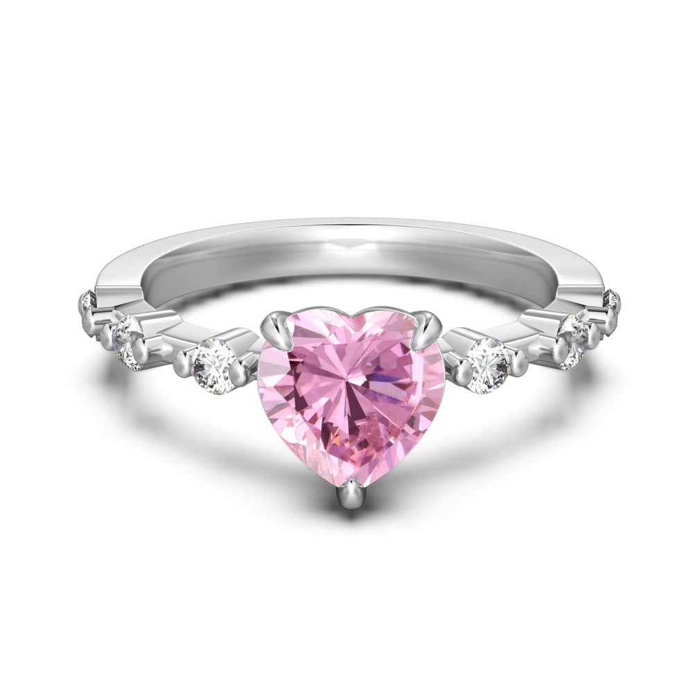 S925 Sterling Silver Heart CZ Ring White Pink Stone Adjustable