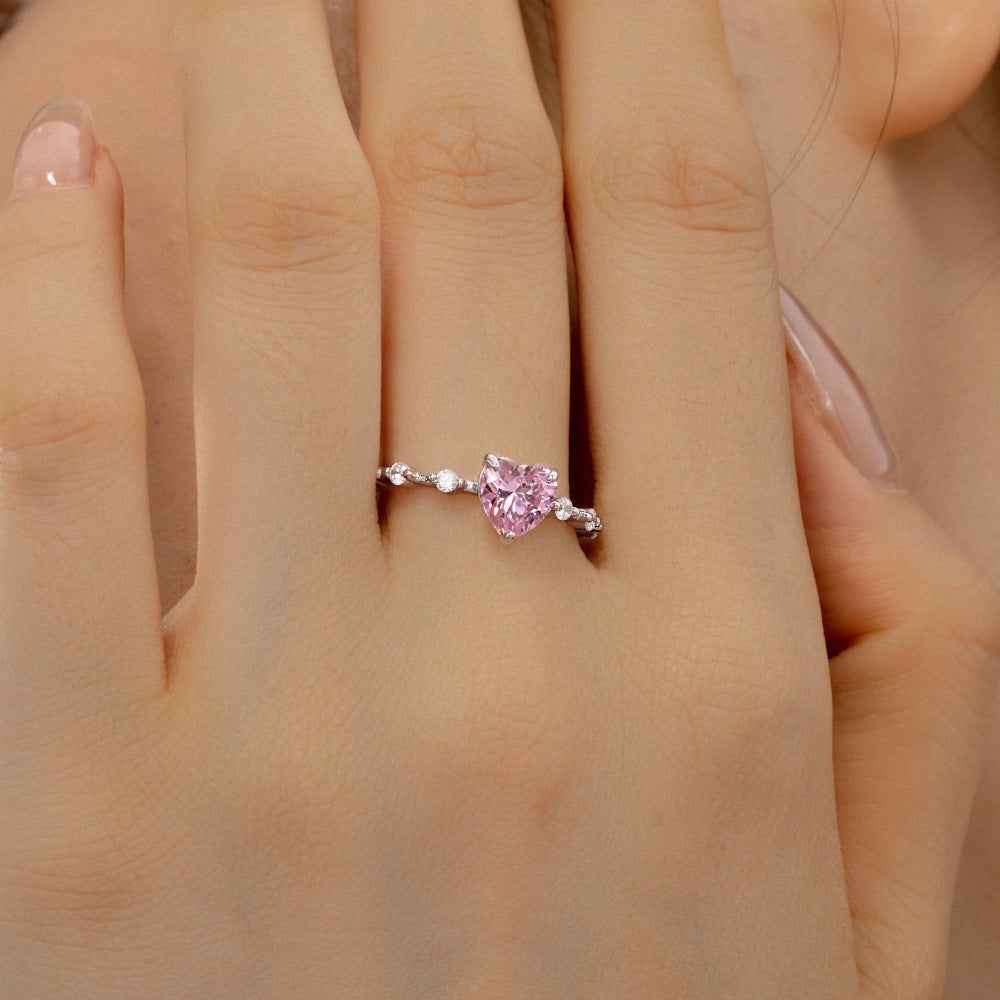 S925 Sterling Silver Heart CZ Ring White Pink Stone Adjustable