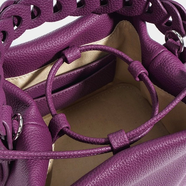 Women's Genuine Leather Bucket Bag with Drawstring Closure and Crossbody Strap