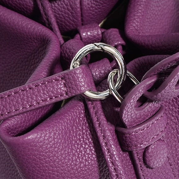 Women's Genuine Leather Bucket Bag with Drawstring Closure and Crossbody Strap