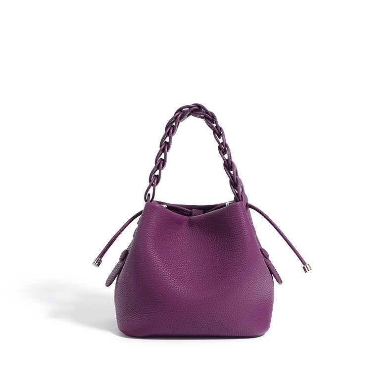 Women's Genuine Leather Bucket Bag with Drawstring Closure and Crossbody Strap