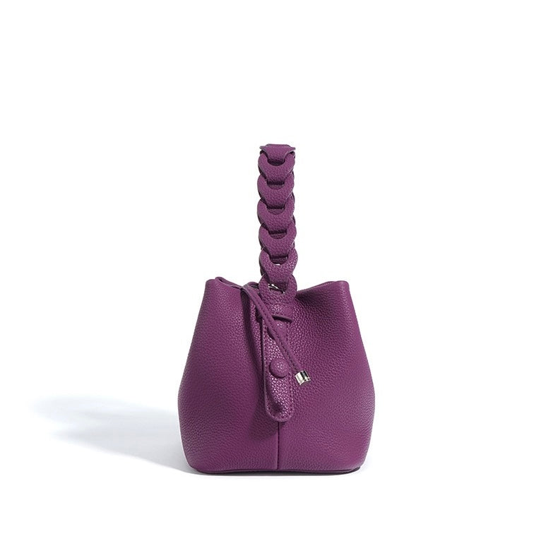Women's Genuine Leather Bucket Bag with Drawstring Closure and Crossbody Strap