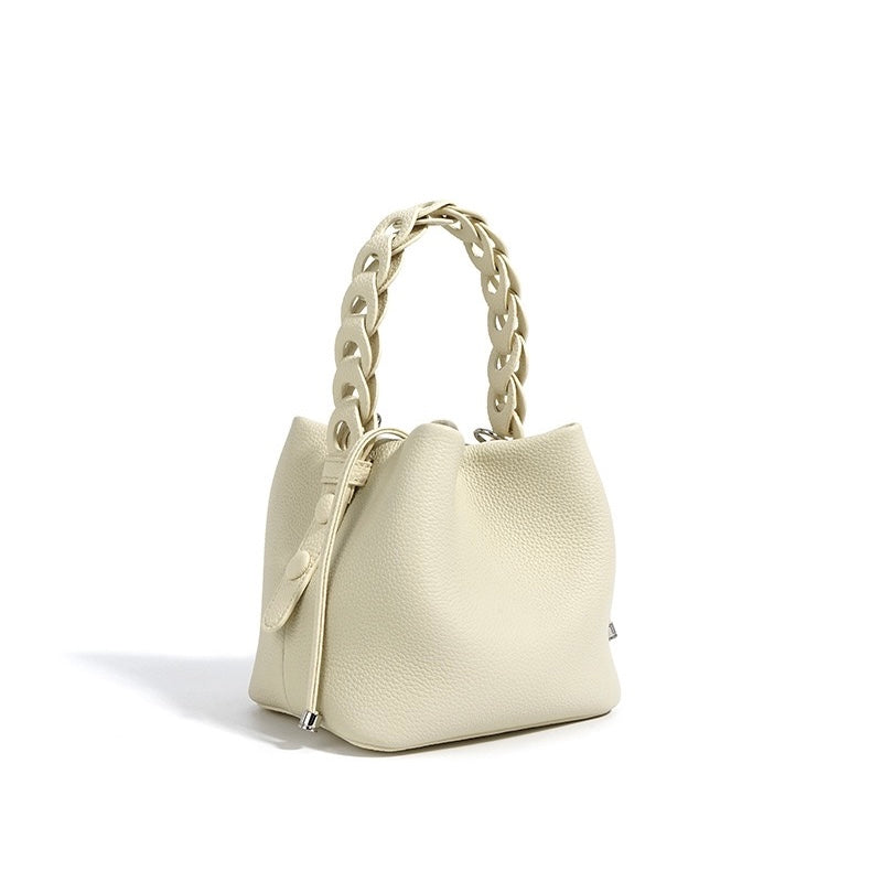 Women's Genuine Leather Bucket Bag with Drawstring Closure and Crossbody Strap