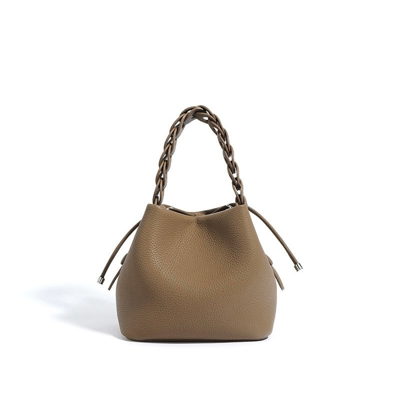 Women's Genuine Leather Bucket Bag with Drawstring Closure and Crossbody Strap