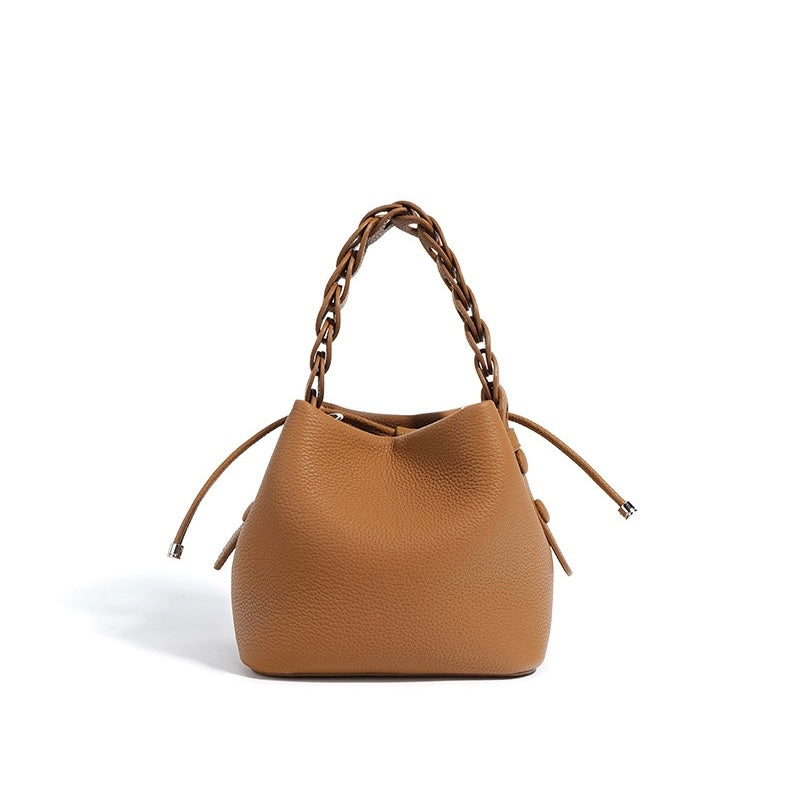 Women's Genuine Leather Bucket Bag with Drawstring Closure and Crossbody Strap