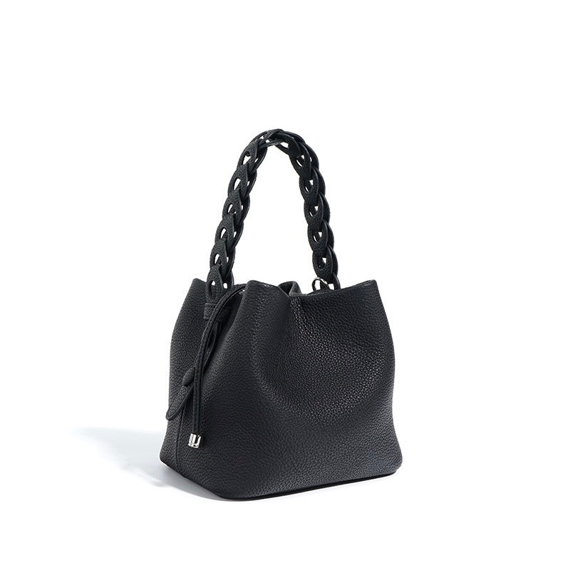 Women's Genuine Leather Bucket Bag with Drawstring Closure and Crossbody Strap