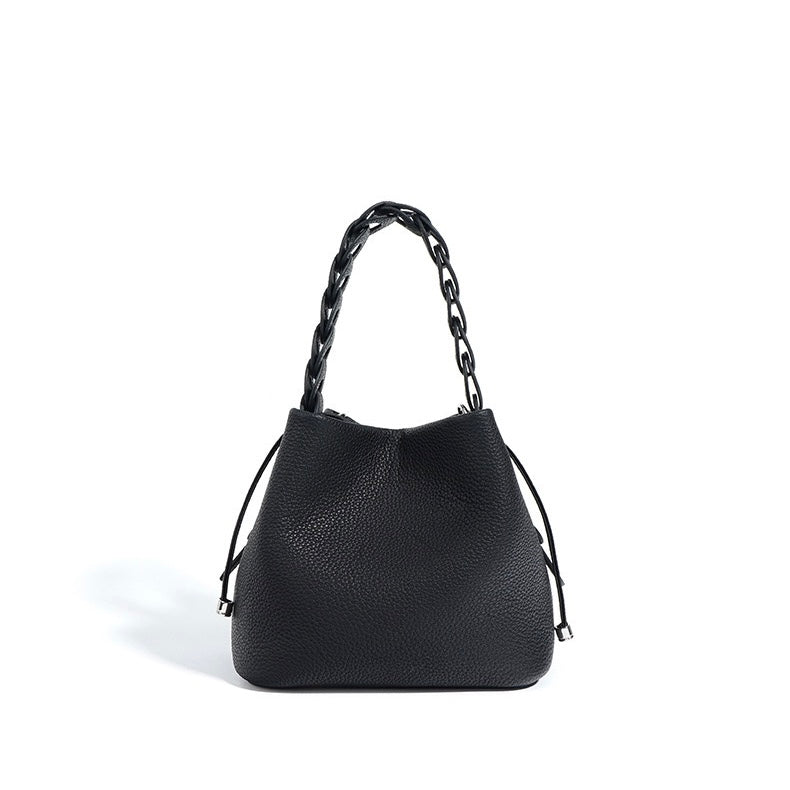 Women's Genuine Leather Bucket Bag with Drawstring Closure and Crossbody Strap