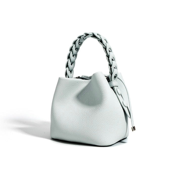 Women's Genuine Leather Bucket Bag with Drawstring Closure and Crossbody Strap
