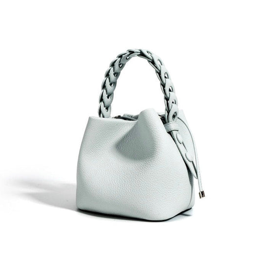 Women's Genuine Leather Bucket Bag with Drawstring Closure and Crossbody Strap