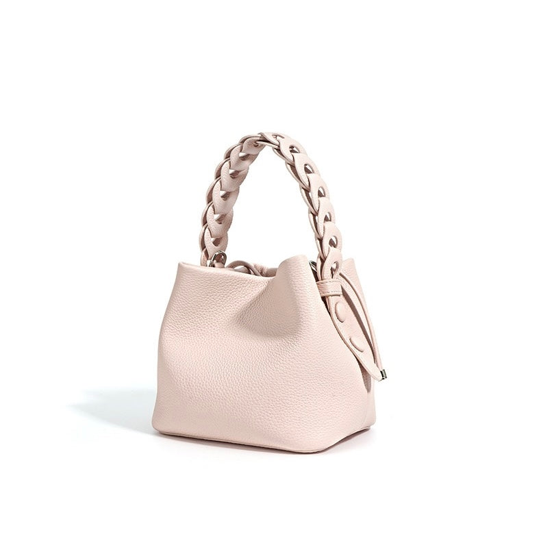 Women's Genuine Leather Bucket Bag with Drawstring Closure and Crossbody Strap