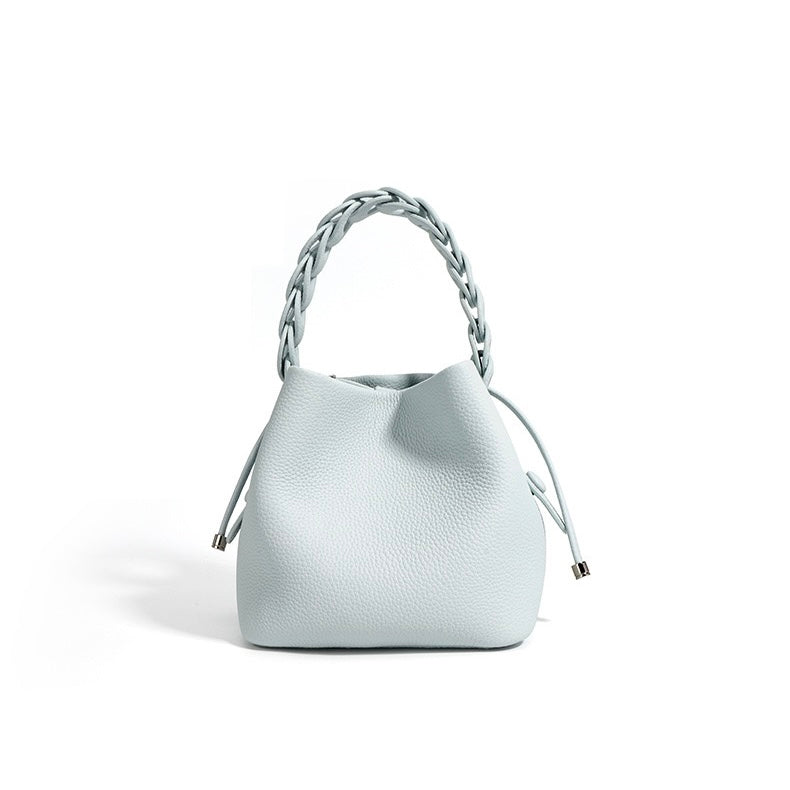 Women's Genuine Leather Bucket Bag with Drawstring Closure and Crossbody Strap