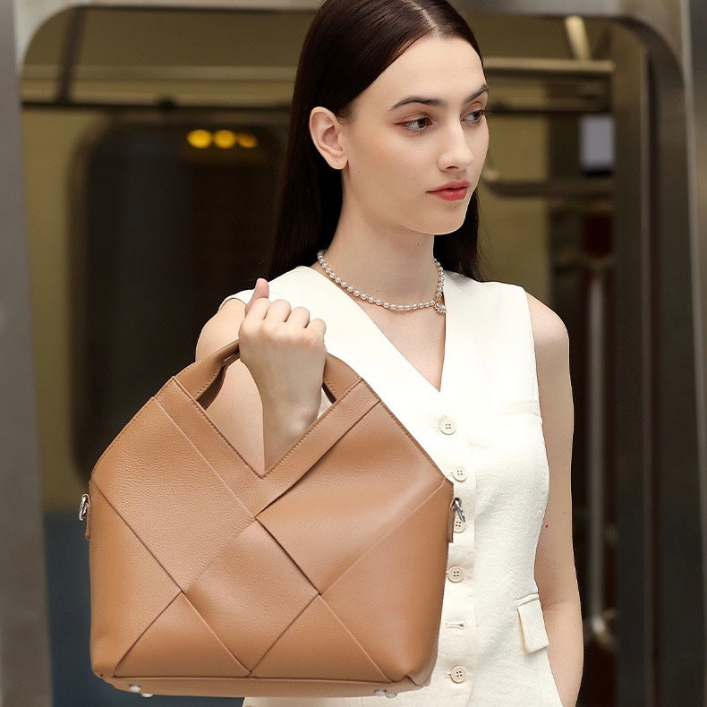 Women's Genuine Leather Woven Top Handle Handbag