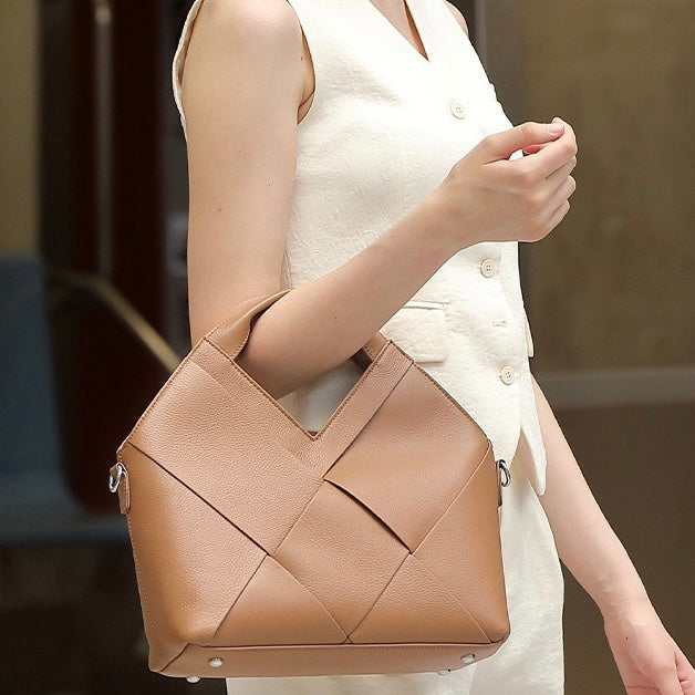 Women's Genuine Leather Woven Top Handle Handbag