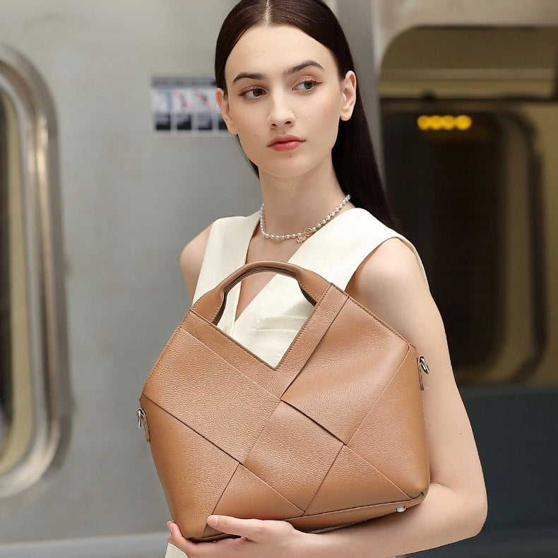 Women's Genuine Leather Woven Top Handle Handbag