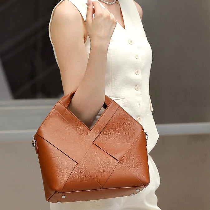 Women's Genuine Leather Woven Top Handle Handbag