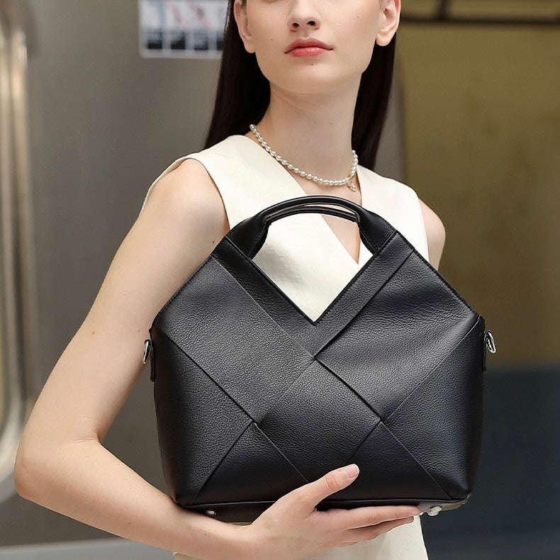 Women's Genuine Leather Woven Top Handle Handbag