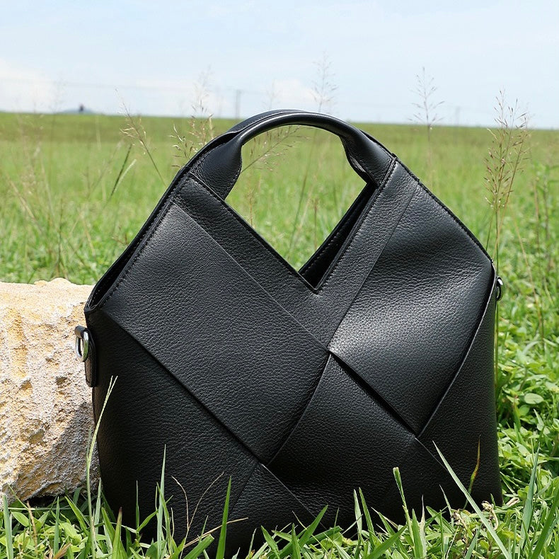 Women's Genuine Leather Woven Top Handle Handbag