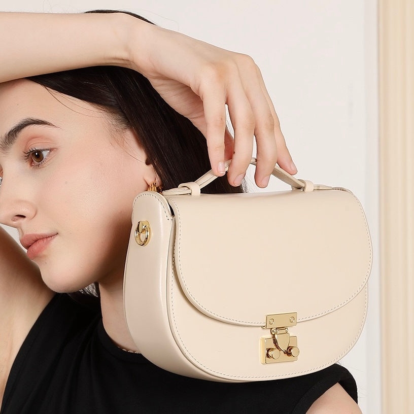 Women's Genuine Leather Compact Saddle Shoulder Bag with Clasp Closure