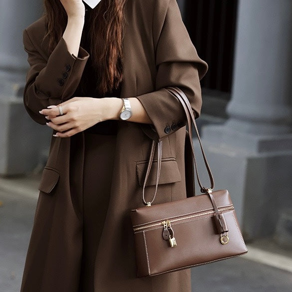 Women's Genuine Leather Crossbody Bucket Bag with Inner Pouch