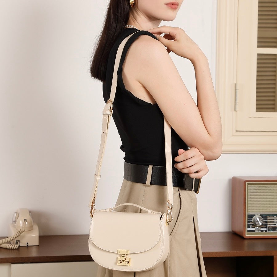 Women's Genuine Leather Compact Saddle Shoulder Bag with Clasp Closure
