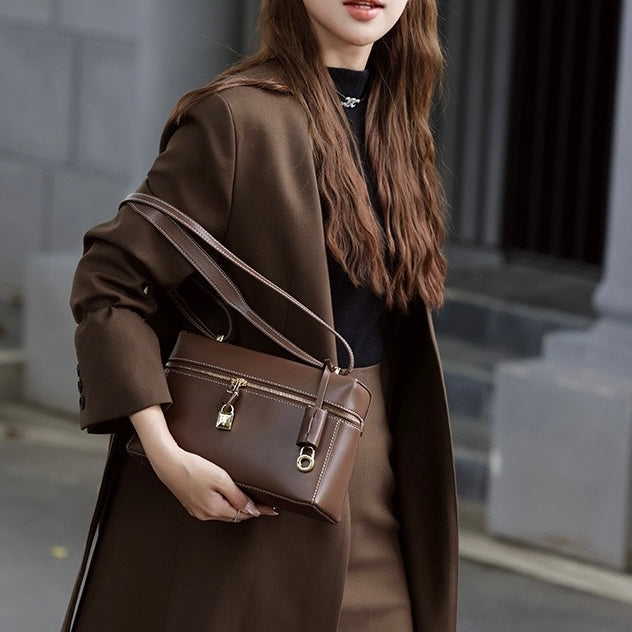 Women's Genuine Leather Crossbody Bucket Bag with Inner Pouch