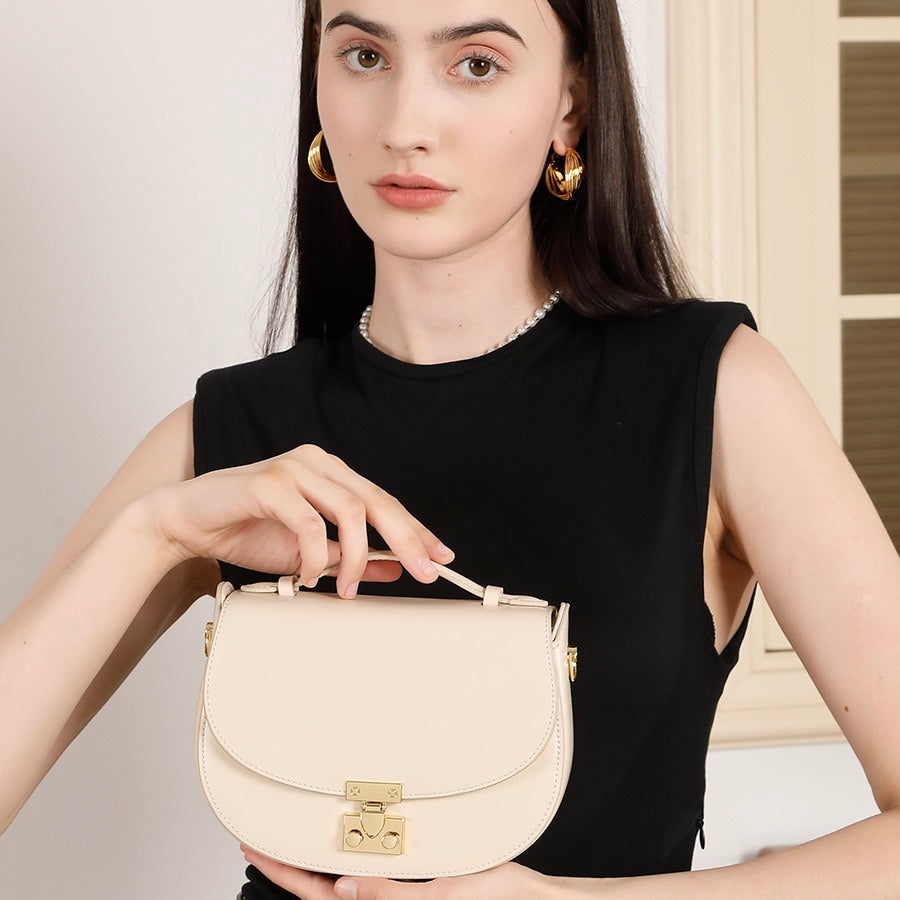 Women's Genuine Leather Compact Saddle Shoulder Bag with Clasp Closure