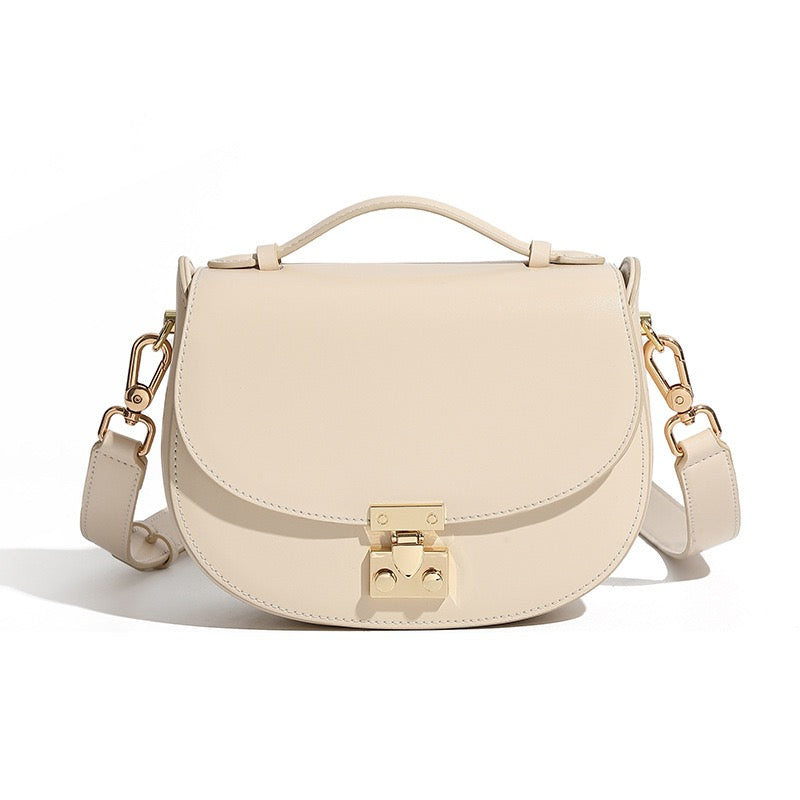Women's Genuine Leather Compact Saddle Shoulder Bag with Clasp Closure