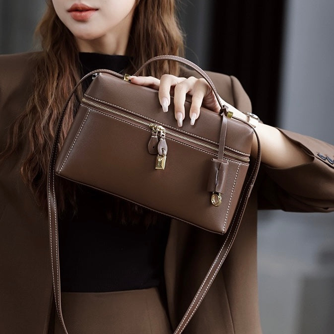 Women's Genuine Leather Crossbody Bucket Bag with Inner Pouch