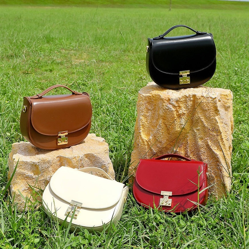 Women's Genuine Leather Compact Saddle Shoulder Bag with Clasp Closure