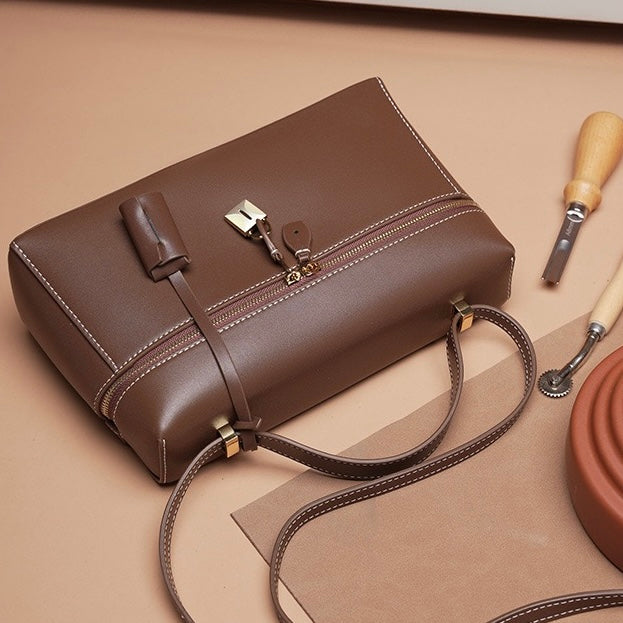 Women's Genuine Leather Crossbody Bucket Bag with Inner Pouch