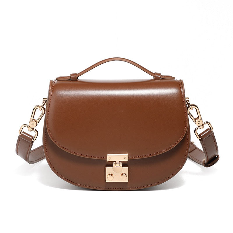 Women's Genuine Leather Compact Saddle Shoulder Bag with Clasp Closure