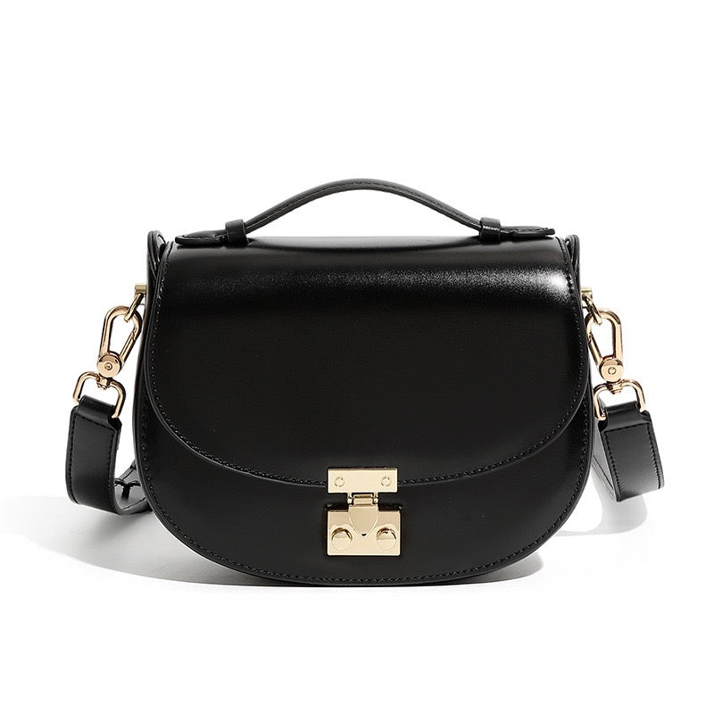 Women's Genuine Leather Compact Saddle Shoulder Bag with Clasp Closure