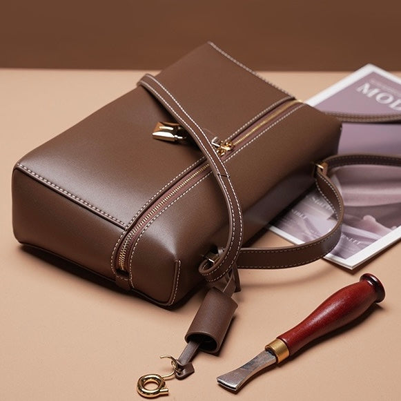 Women's Genuine Leather Crossbody Bucket Bag with Inner Pouch