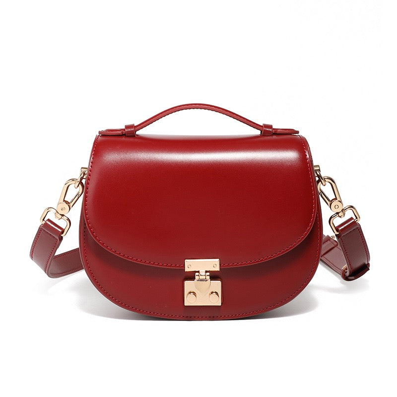 Women's Genuine Leather Compact Saddle Shoulder Bag with Clasp Closure