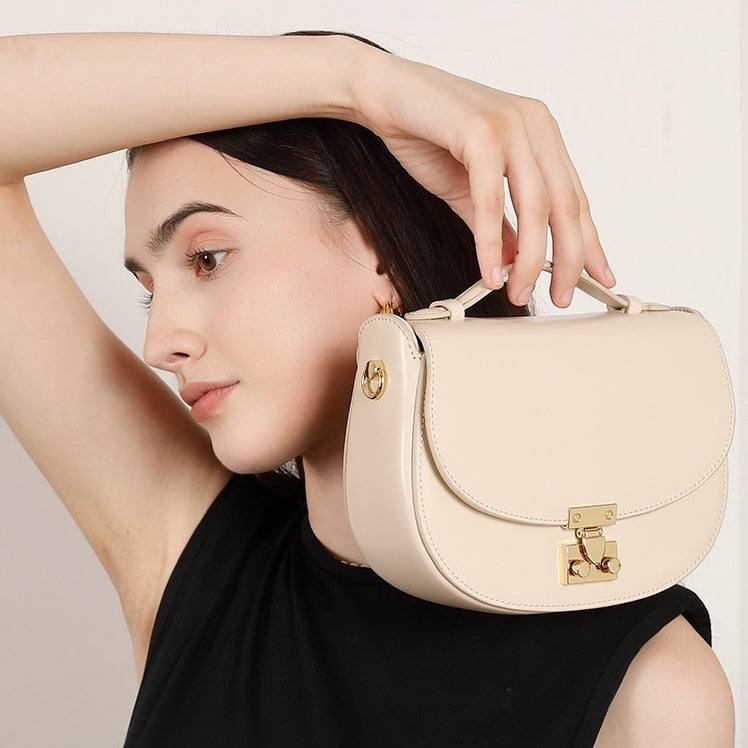 Women's Genuine Leather Compact Saddle Shoulder Bag with Clasp Closure