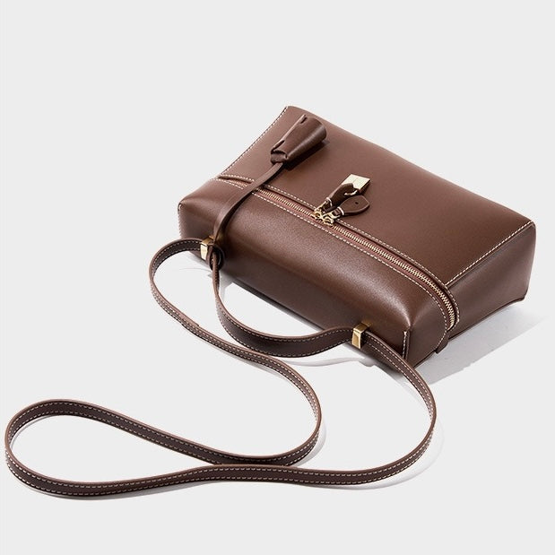 Women's Genuine Leather Crossbody Bucket Bag with Inner Pouch