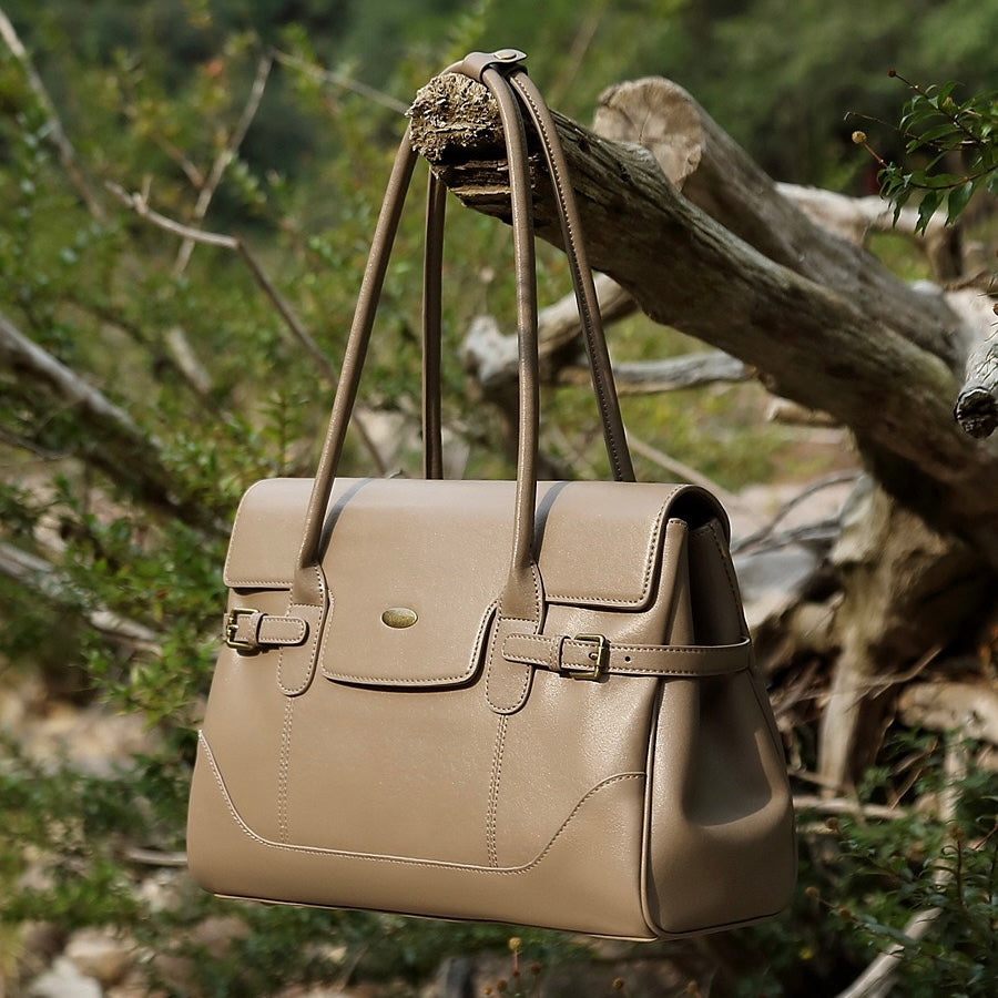Women's Genuine Leather Large Shoulder Tote with Buckle Detail