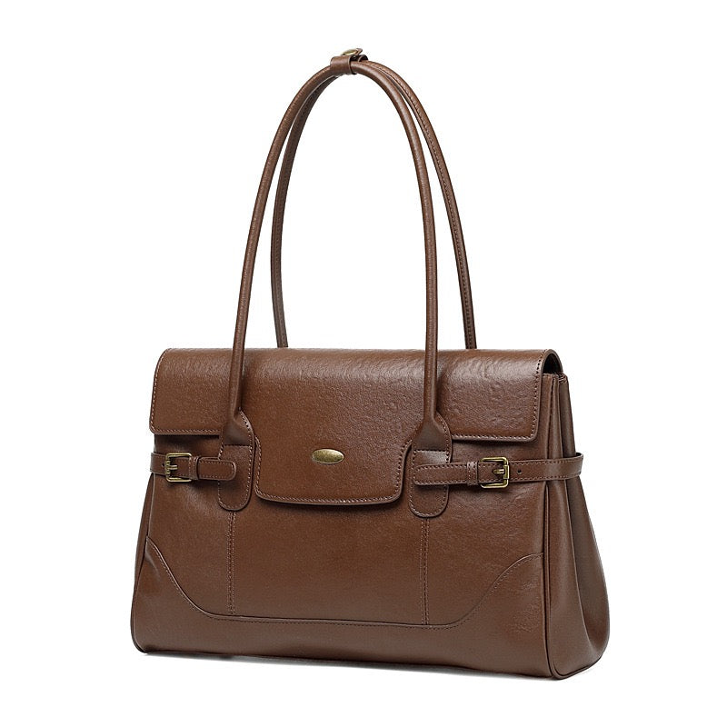 Women's Genuine Leather Large Shoulder Tote with Buckle Detail