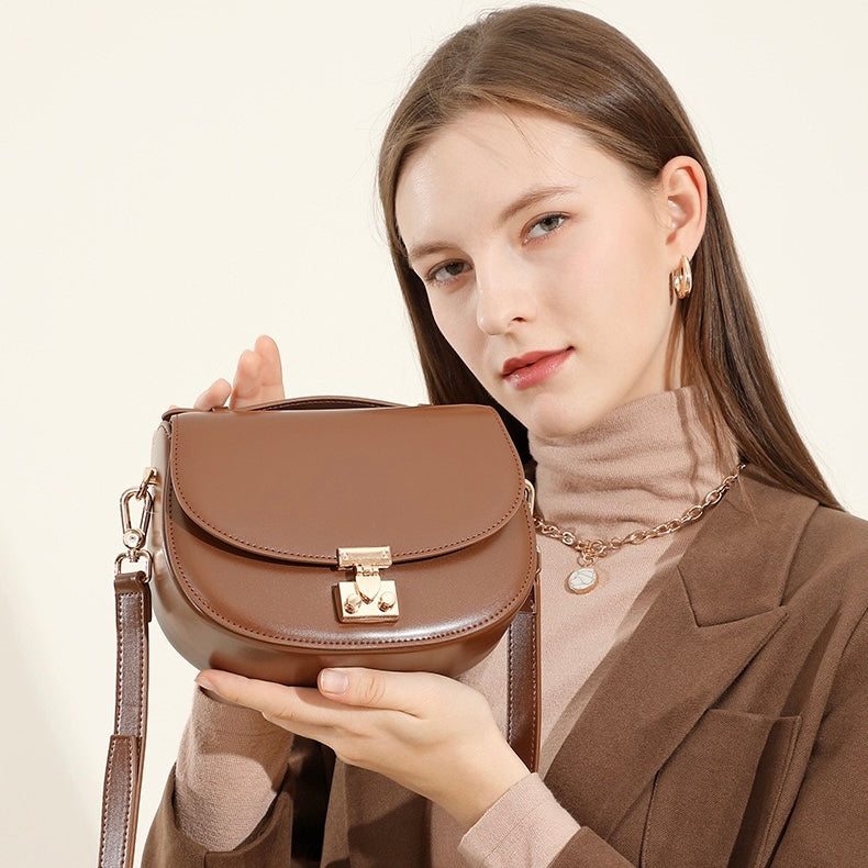 Women's Genuine Leather Compact Saddle Shoulder Bag with Clasp Closure