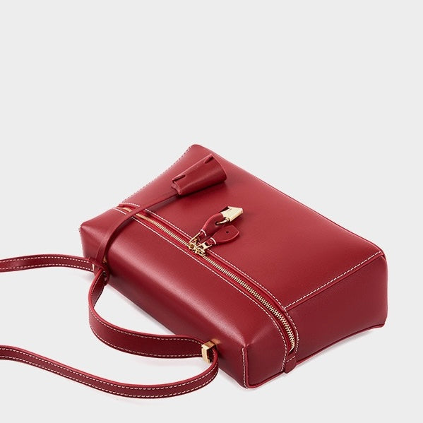 Women's Genuine Leather Crossbody Bucket Bag with Inner Pouch